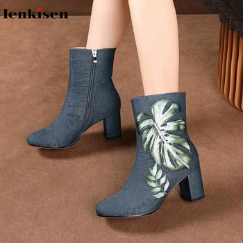 

Lenkisen new elegant oriental style embroidery sheep leather high heels round toe side zipper winter warm women ankle boots L2l