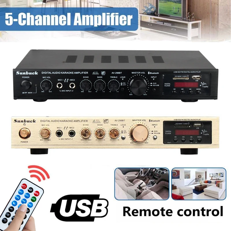 

5-канальный усилитель мощности, 2200 Вт, bluetooth, Hi-Fi стерео динамик, усилитель, поддержка FM-радио, 2 микрофона, вход для USB и SD-карты