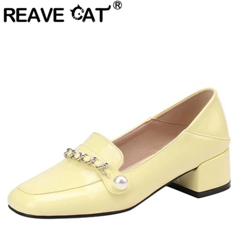 

REAVE CAT 2022 New Style Woman Pumps Square Toe Chunky Heels Shoes Chain Big Size 33-43 Yellow Black Daily Spring Elegance S3039