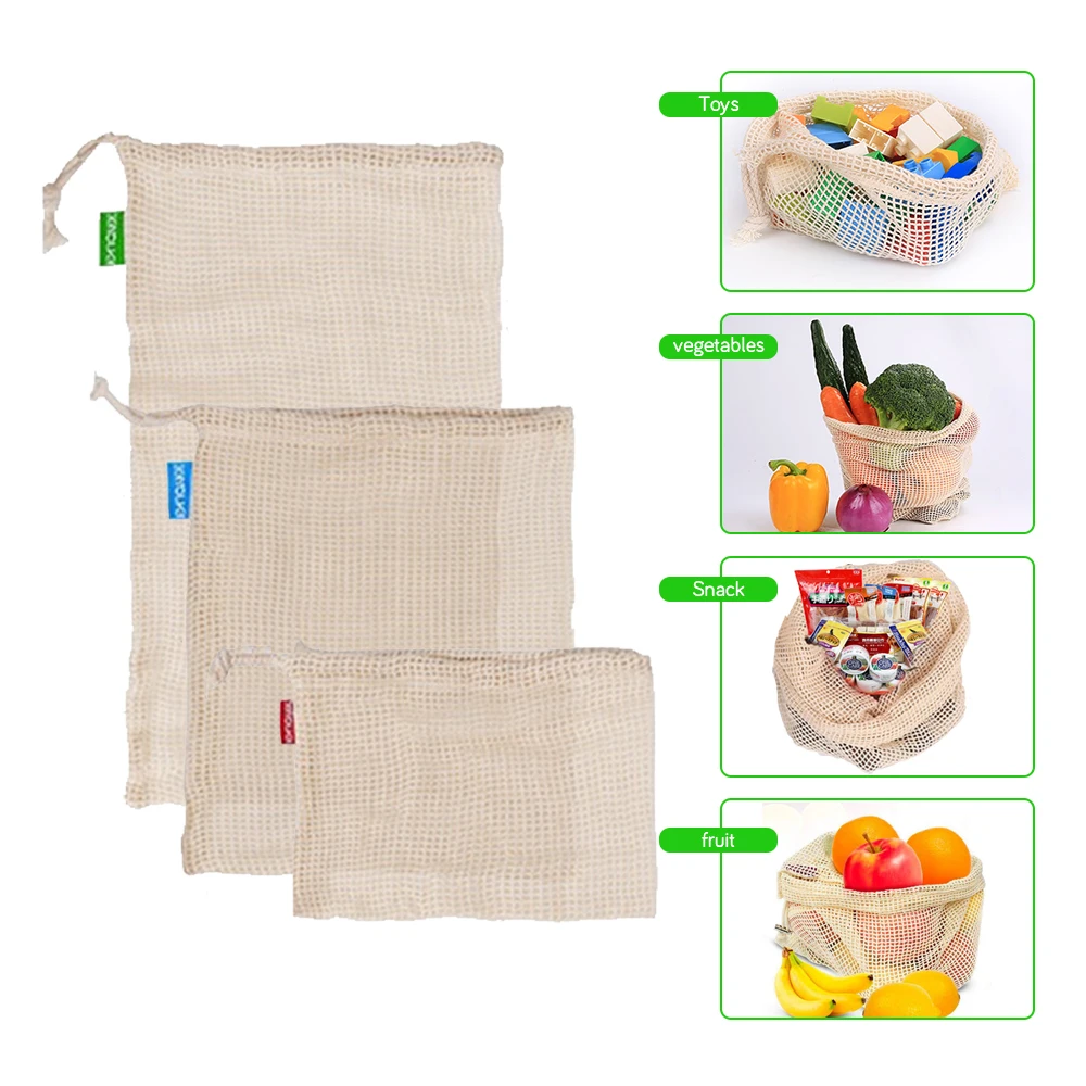 

3pcs Reusable Cotton Mesh Produce Bag for Vegetable Fruit kitchen Washable Storage Bag with Drawstring Eco-friendly Cotton Bags