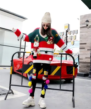 

New Christmas Sweater Women Fashion Sweet Decoration Mink Cashmere Sweater Female V Neck Long Sleeve Thick Pullover Pull Femme