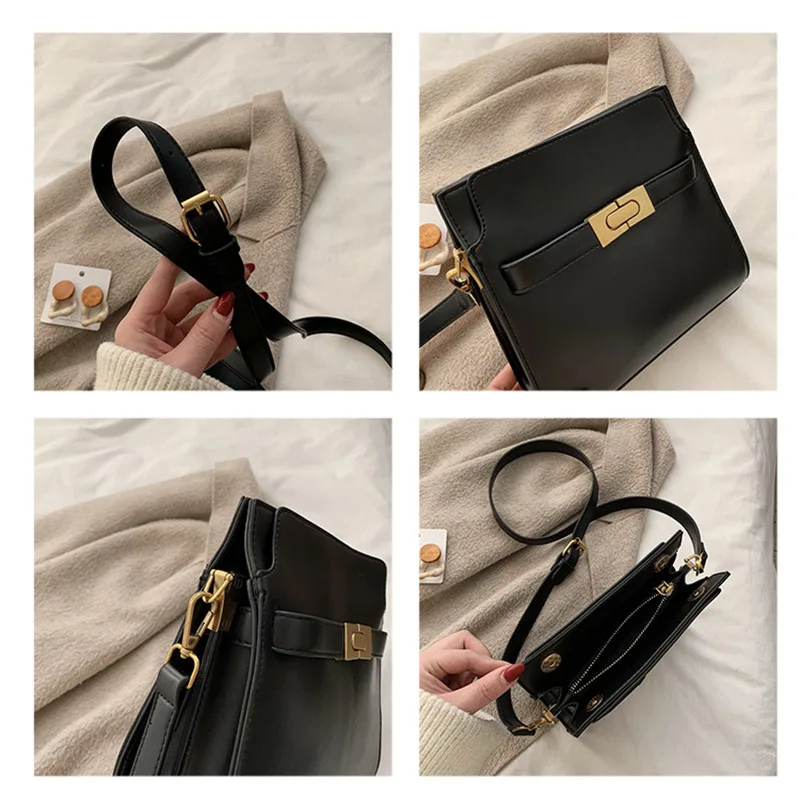 

2019 Winter New Style WOMEN'S Bag Retro Lock Trapezoid Square Sling Bag Solid Color Versatile Shoulder Bag