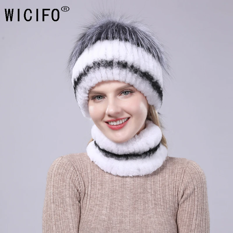 Fur hat lady rex rabbit winter high quality fur bean Russian warm scarf together 2 pieces | Аксессуары для одежды