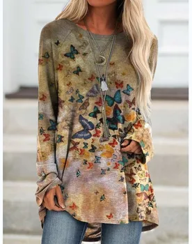 

The new style of European and American foreign trade in 2020, long sleeves and medium length butterfly printed T-shirts Regular