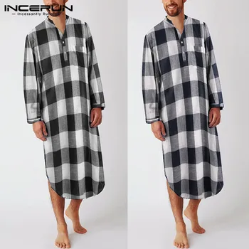 

INCERUN Leisure Loose Cotton Knee Length Lattice Nightgrown Homewear Fashion Plaid Sleep Robes Mens Long Sleeve V Neck Sleepwear