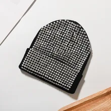 Женская однотонная шапочка с камнями по всей поверхности, женская мягкая теплая зимняя шапка для девушек, женские черные шапки с прозрачными черными кристаллами