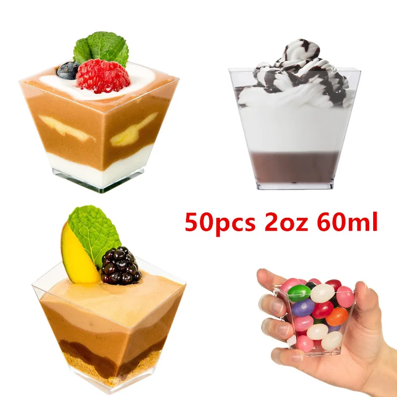 50pcs Reusable Dessert Cup 2oz 60ml Plastic Cups Square Jelly Mousses