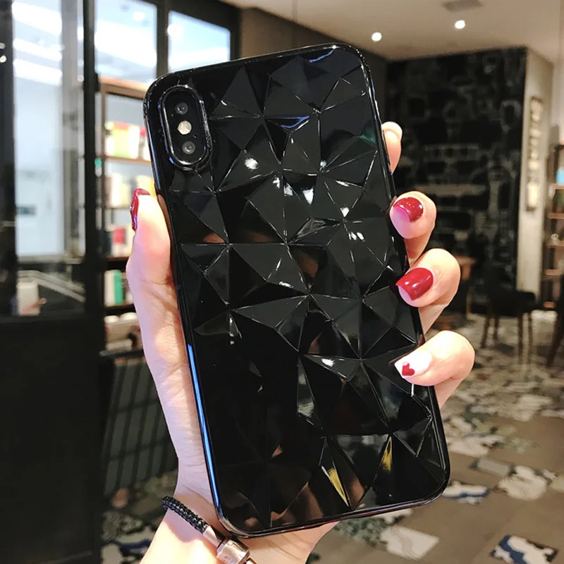 3D чехол с алмазной текстурой для iPhone 6, 6s, 7, 8 Plus, X, мягкий чехол для телефона для iPhone 7, прозрачный чехол Ультратонкий чехол - Цвет: Black