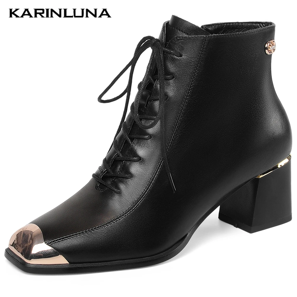 

Karinluna 2019 fashion Genuine Leather Chunky Heels Ankle Boots Women Shoes Zip Up Big Size 43 Concise Shoes Woman Boots