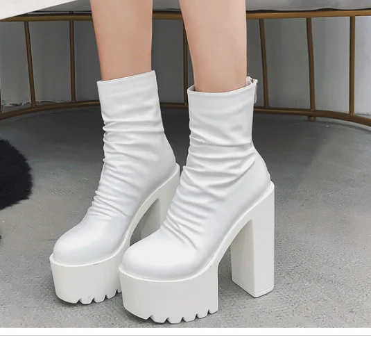 

High Heel Boots Women's Low Shoes Round Toe Lace Up Clogs Platform Booties Ladies Bootee Woman 2019 Heels Mid-Calf Winter Mid Ca