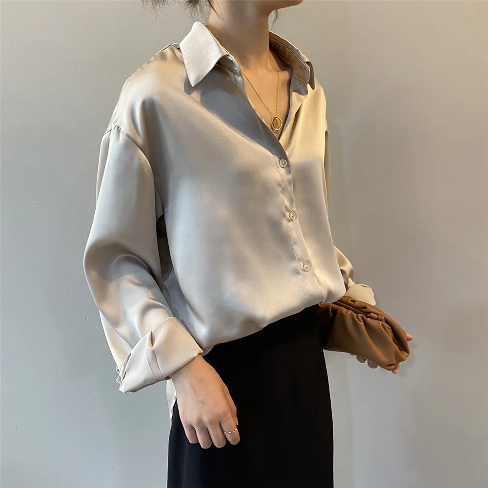 High quality Women Silk Satin Blouse 2020 Summer Women Satin Blouses Shirt Office Long Sleeves Femme V Neck Loose Street Shirts (17)