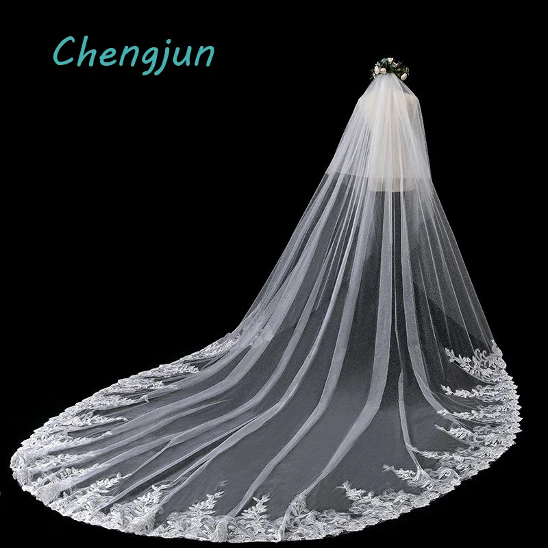 Chengjun Real Photo 3.5m Two Layers Wedding Veil With Comb Ivory Sequin Lace Edge Cathedral Wedding Veil