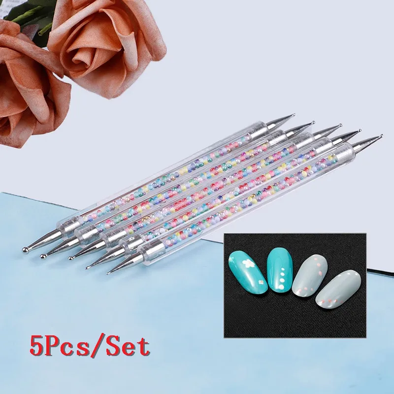5 Size Nail Art Dotting Pen Acrylic Rhinestone Crystal 2 Way UV Gel Painting Manicure Tool Drawing Liner Flower Brush Decoration