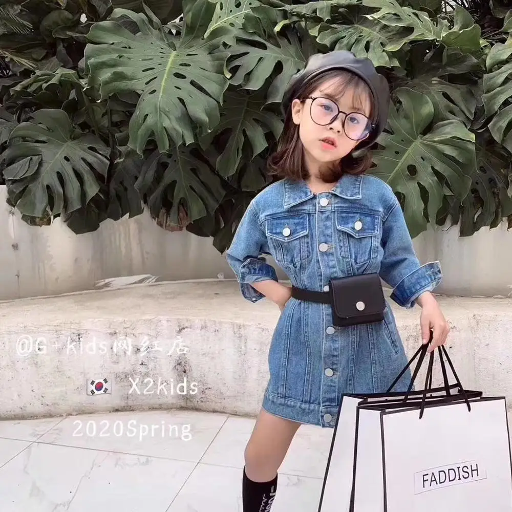 2020 spring new children's clothing girls single-breasted belt pocket lapel denim jacket