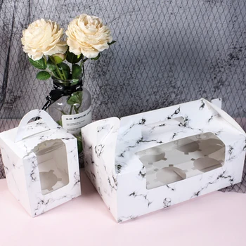 

50pcs Marble hand muffin cup box cup cup cake box egg tart box white cardboard box laminated window Free Shipping