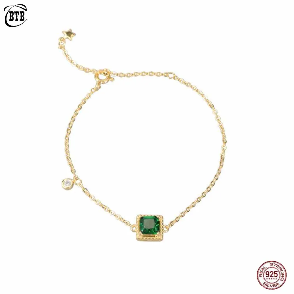 925 пробы Серебряный микро паве геометрический квадратный зеленый циркон золотой цвет браслет для женщин подарок модные украшения