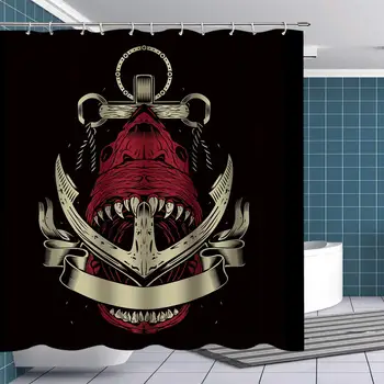 

Shower Curtain Art Printing Nautical Logo Pirate Flag Blood Red Shark Pierced by The Anchor Bathroom Curtains Fabric Bath