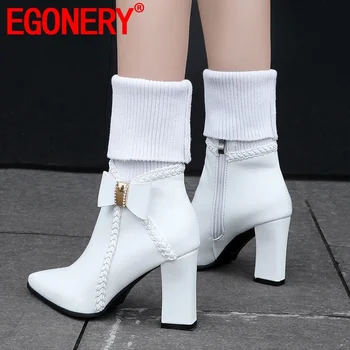 

EGONERY woman shoes winter new fashion sexy pointed toe mid calf boots outside super high heels zip bowties shoes drop shipping