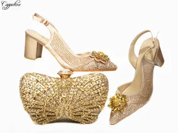 

Amazing Gold Lady's Pointed Toe High Heel Pumps Shoes And Purse Bag With Crystal Stones For Wedding GG120 Heel Height 6.5CM
