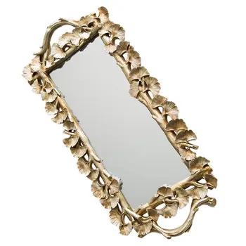 

1Pc Rectangular Gingko Leaf Retro Carved Tray Mirror Tea Fruit Dessert Coffee Dessert Table Storage Tray(Golden)