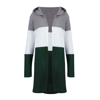 

Slim Fit Ladies Knitted Autumn Fashion Colorblock Women Cardigan Outwear Tops Daily Long Sleeve Open Front Hooded Casual
