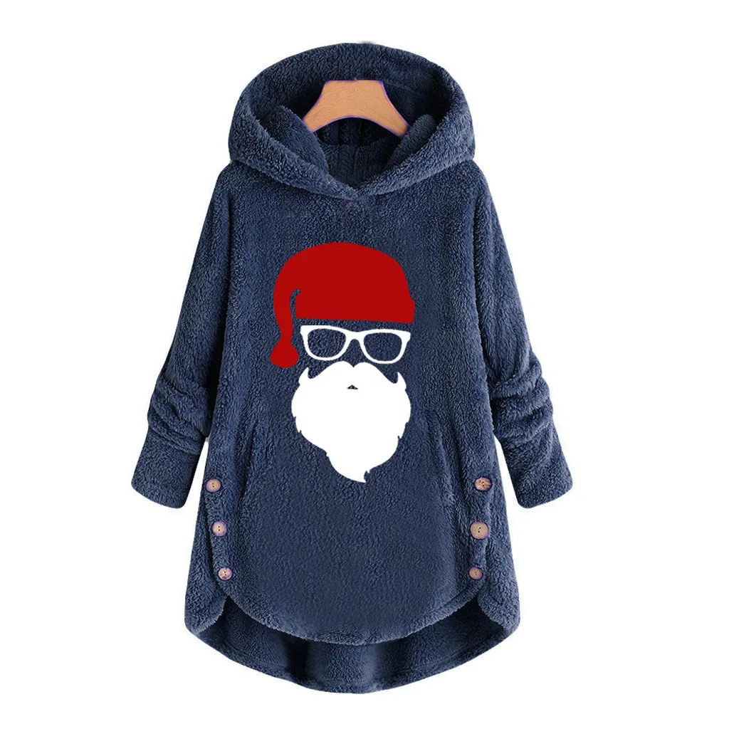 Bluza damska одежда для рождественских праздников, толстовки с капюшоном для женщин размера плюс кнопка с плюшевой подкладкой с капюшоном, шерсть Санта Клаус свободные moletom feminino