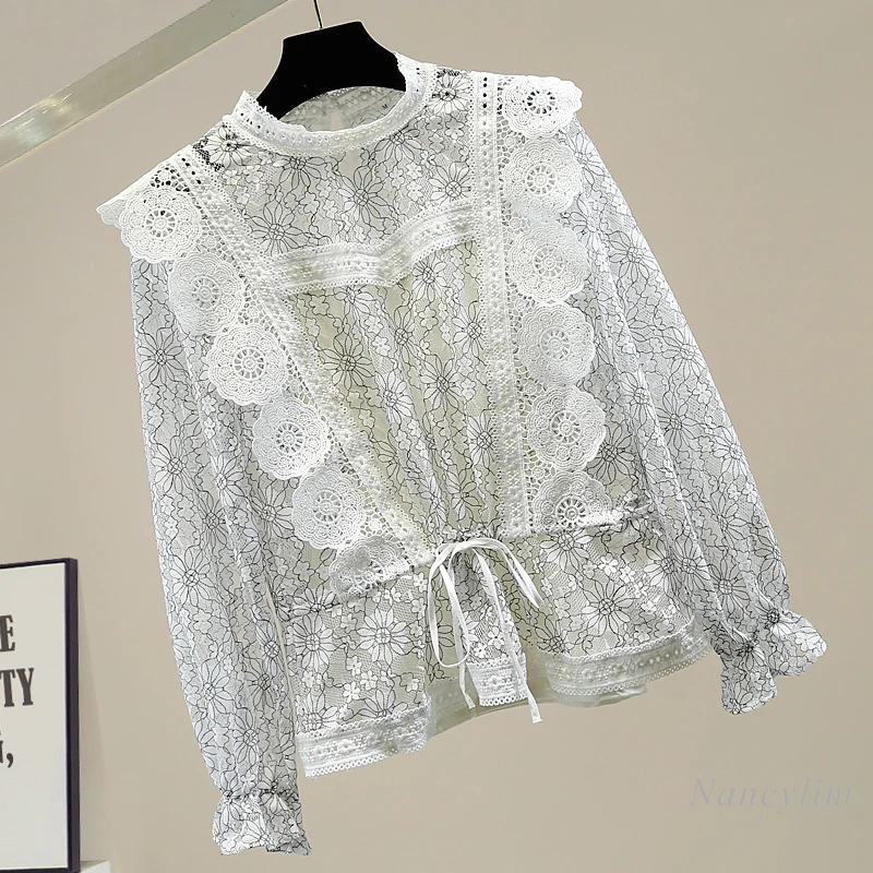 Lace Blouse Women Retro Court Style Bell Sleeve