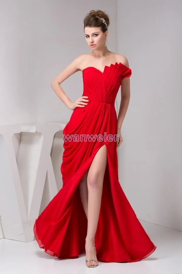 Robe de soiree поступление Коралловое платье модный дизайн плиссированные открытые ноги настоящий красный сексуальный Пол Длина шифон Длинные свадебные платья