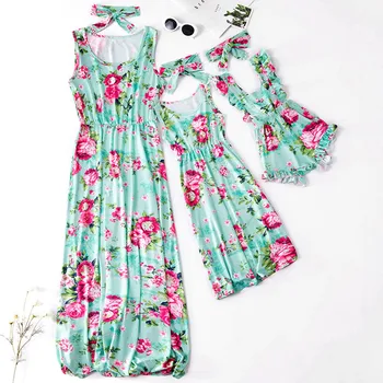 

Summer Family Dress Mother and Daughter Matching Clothes Beach Vacation Outfits Print Dresses+Bow 2PCS Baby Girl Jumpsuit
