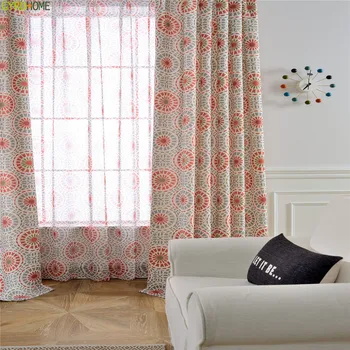 

Linen Cotton Semi-blackout Korean Red Fireworks Curtain Tulle for Living Room Kitchen