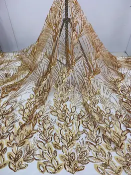 

(5yards/pc) High quality gold African sequins net lace wonderful embroidered French lace fabric for wedding party dress FJL031