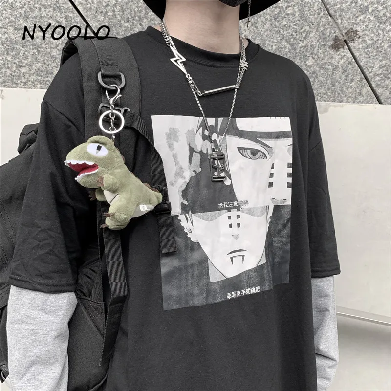 NYOOLO Harajuku Винтаж Аниме Наруто печати поддельные 2 шт. Лоскутная футболка осень уличная одежда с длинным рукавом Футболка для женщин и мужчин Топ