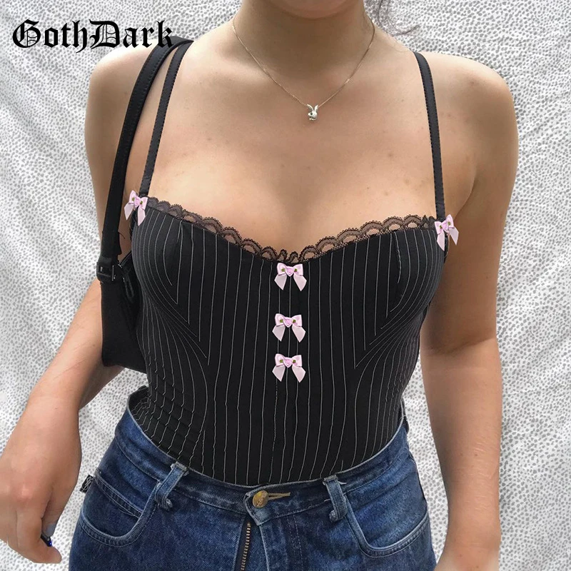 

Goth Dark Striped Print Gothic Camis E-Girl Style Sexy Lace Patchwork Backless Crop Tops Women Bodycon Spaghetti Strap Bustier