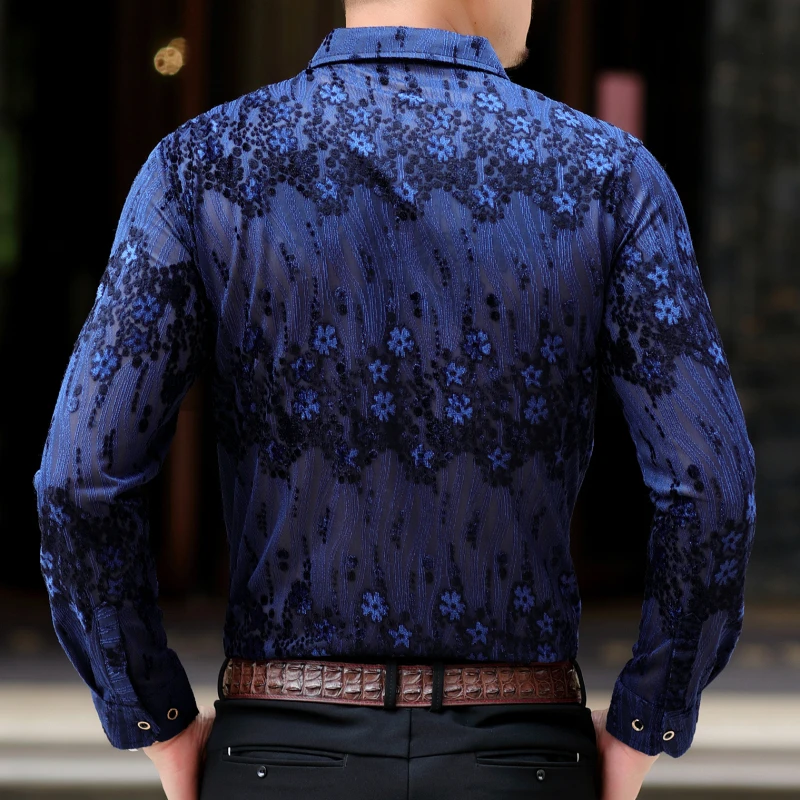 Kopen Bloem Shirt Mannen Fancy Club Sexy Lange Mouwen Heren Designer Shirt Camisa Sociale Masculina Heren Shirts Casual Slim Fit Black navy
