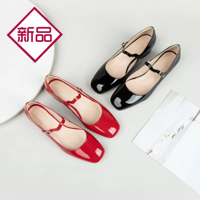 

2020 Spring New Style Chunky-Heel First Layer Patent Cowhide Low Heel WOMEN'S Shoes Square Head Red Nude Shoes