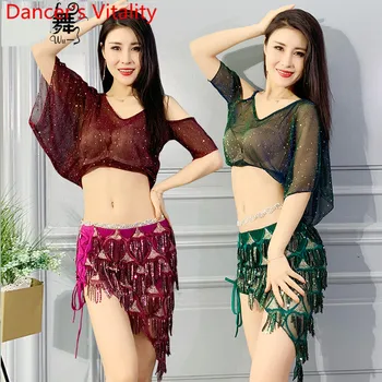 

Belly Dance Training Clothes Summer New 2019 Women Girls Lady Yarn Top Sequin Skirt Performance Outfits Oriental Practice Set