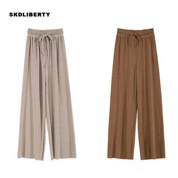 

2020 Autumn Fashion High Waist Wide Solid Leg Feminine Layer Pleated Elastic Lace Pants For Women Loose Women's Casual Trousers