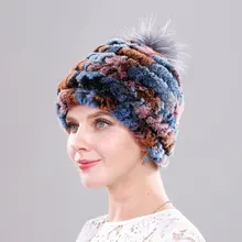 

Elastic Knitted Hat Rex Rabbit Fur Beanies Fall Fox Fur Pompom Genuine Fur Hat Russian Winter Cap Bonnets for Women Designer