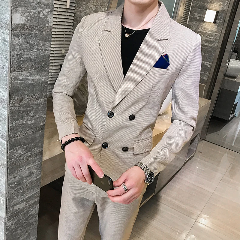 2019 autumn new men's fashion double-breasted plaid suit two-piece suit (blazer + suit pants) men's fashion slim casual suit 2019 autumn new men's fashion double-breasted plaid suit two-piece suit (blazer + suit pants) men's fashion slim casual suit