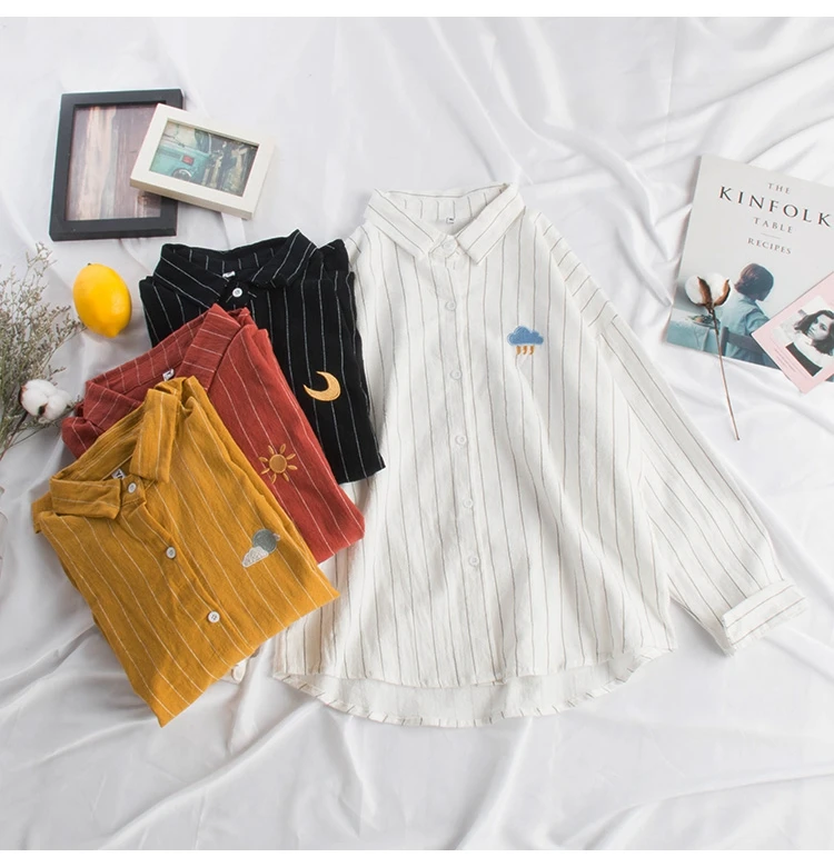 New Cotton Linen Summer Autumn Blouse Women Kawaii Weather Embroidery Ladies Sweet Striped Tops Shirt Korean Loose Blusas Mujer