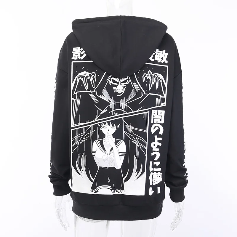 Черный Harajuku Grunge свободная черная толстовка женская толстовка Готическая уличная Панк пуловер с мультяшным принтом оверсайз Толстовка Топ - Цвет: Черный