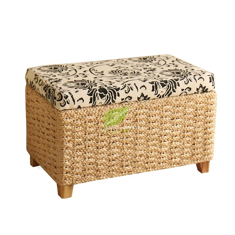  font b Rattan b font Stool Storage Multi Function Solid Wood Frame Can Sit People