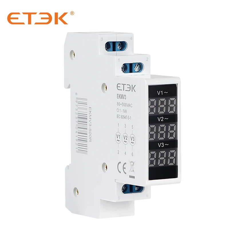 ETEK Modular Din Rail Voltage Meter Led Three-phase Digital Voltmeter Ac 80-500V 220v 230v 380v EKMV3