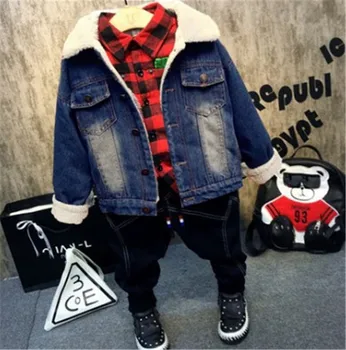 

Winter Baby boys Thick Denim Jackets + Sweatshirt +Plush pants 3Pcs Sets Child Warm Suit Girl children Clothing set kids clothes