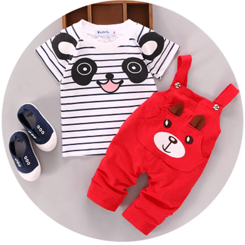 Комплекты одежды с рисунком медведя для маленьких мальчиков и девочек белая футболка+ комбинезон комплекты из 2 предметов Повседневная хлопковая детская одежда