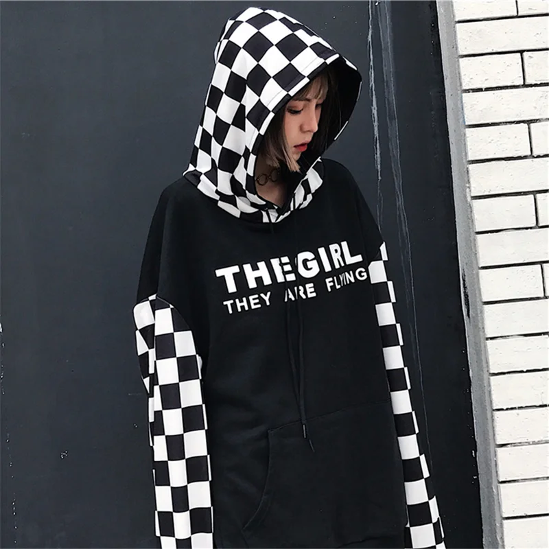 New Korean Harajuku BF hip-hop street loose cotton tops plaid stitching print pocket oversize hooded men and women sweatshirt