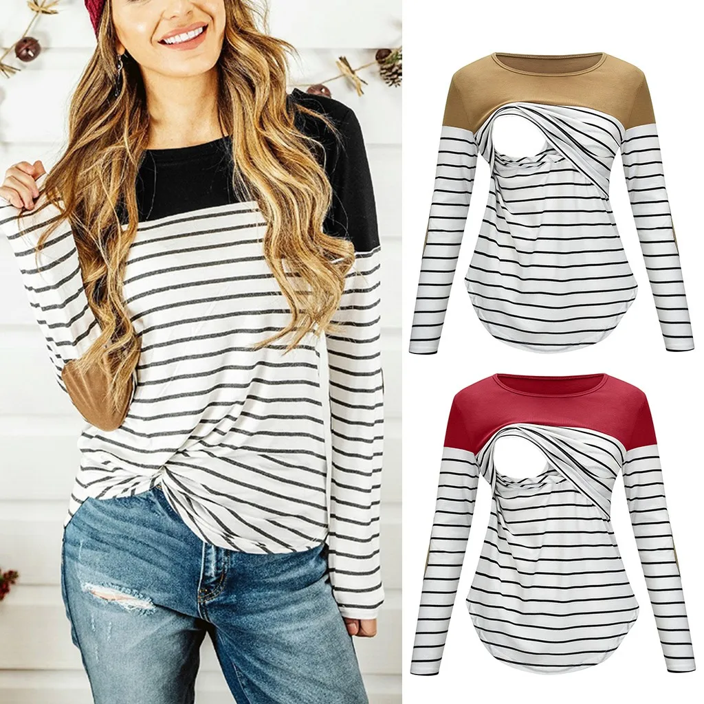 Women Maternity Long Sleeve Striped Nursing Tops T-shirt For Breastfeeding Loose Pregnancy Clothes embarazada rop | Мать и ребенок