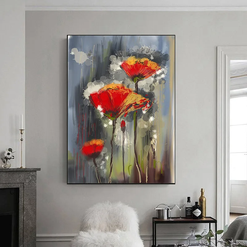Pittura A Olio Di Fiori Di Papavero, Immagini Di Arte Astratta Per Soggiorno, Decorazioni Murali, Poster E Stampa, Stampe Su Tela Moderne