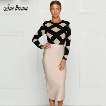 

2019 Winter New Women's Runway Fashion Mesh Patchwork Black Long Sleeve Skinny Club Party Bandage Jumpsuit And Skirt