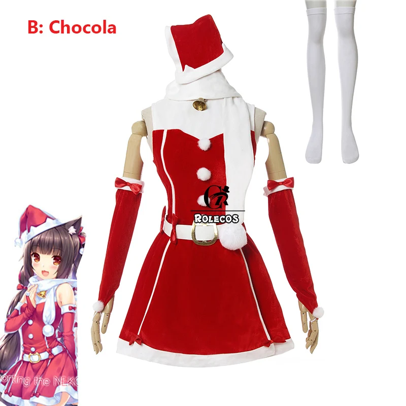 ROLECOS Nekopara, костюм для косплея, Рождество, ваниль, Chocola, платье для косплея, женское красное платье, рождественские, вечерние, сексуальный костюм, шапка, перчатки, носок - Цвет: B Chocola